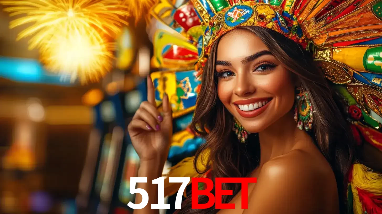 Mulher sorridente com um cocar de carnaval vibrante e colorido, celebrando uma grande vitória nos jogos do cassino 517bet com fogos de artifício ao fundo.