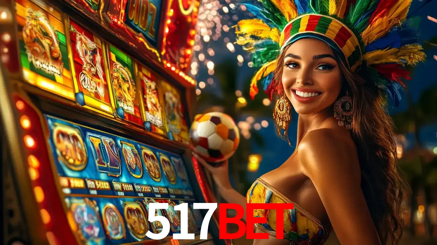 Mulher com um cocar de carnaval ao lado de uma máquina de caça-níqueis enquanto segura uma bola de futebol, mostrando a união da diversão de cassino e esportes no 517bet.