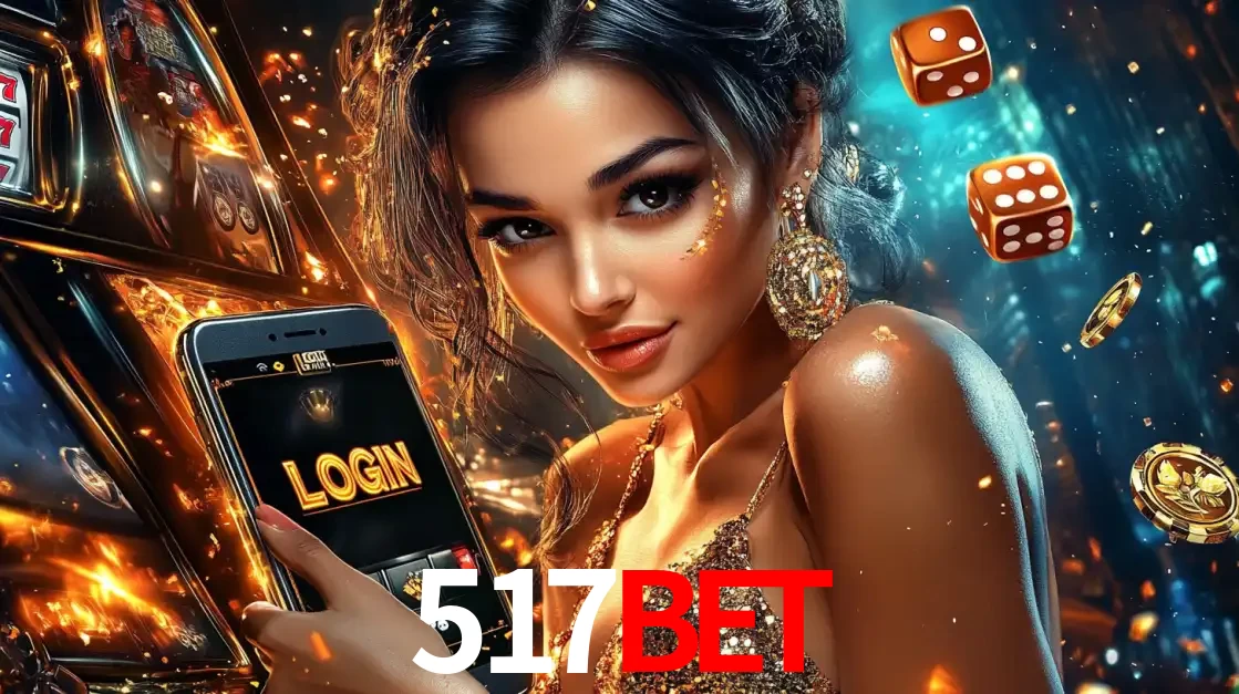 Mulher glamourosa segurando um celular com a tela de login do cassino 517bet, rodeada por dados e moedas douradas, pronta para começar a diversão.