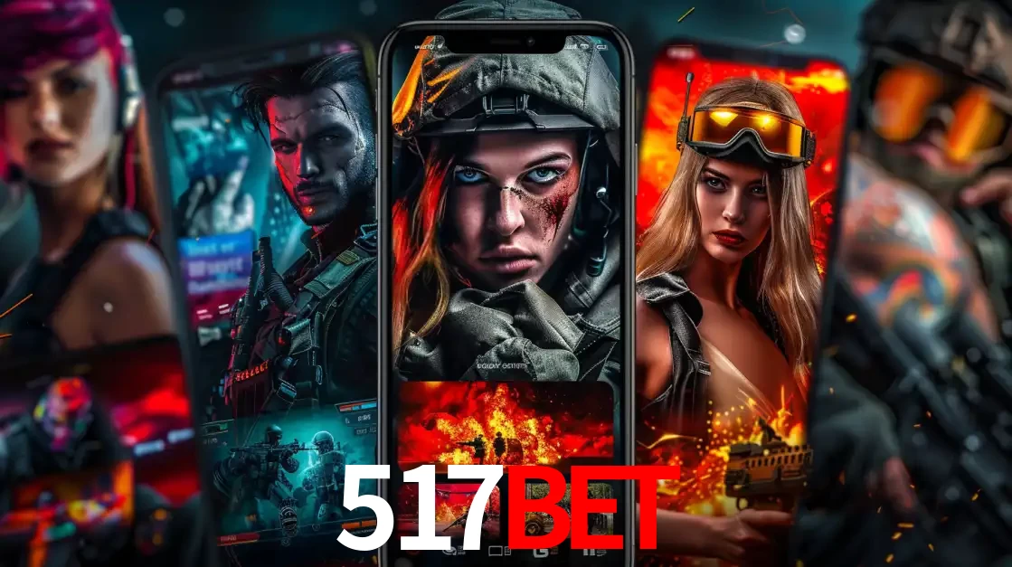 Montagem de telas de celular mostrando diversos personagens, masculinos e femininos, de um jogo de tiro, ilustrando a diversidade de equipes de e-sports para apostar no 517bet.