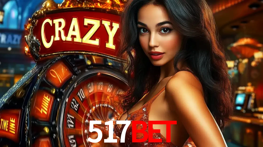 Mulher glamourosa olhando para a câmera com a roda vermelha do Crazy Time ao fundo em um ambiente de cassino, destacando a emoção dos jogos ao vivo no 517bet.
