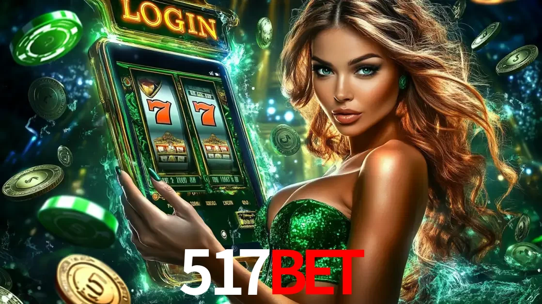 Mulher com tema verde apresentando o aplicativo do cassino 517bet com um jogo de slot de 777, cercada por fichas de cassino e uma aura de sorte.