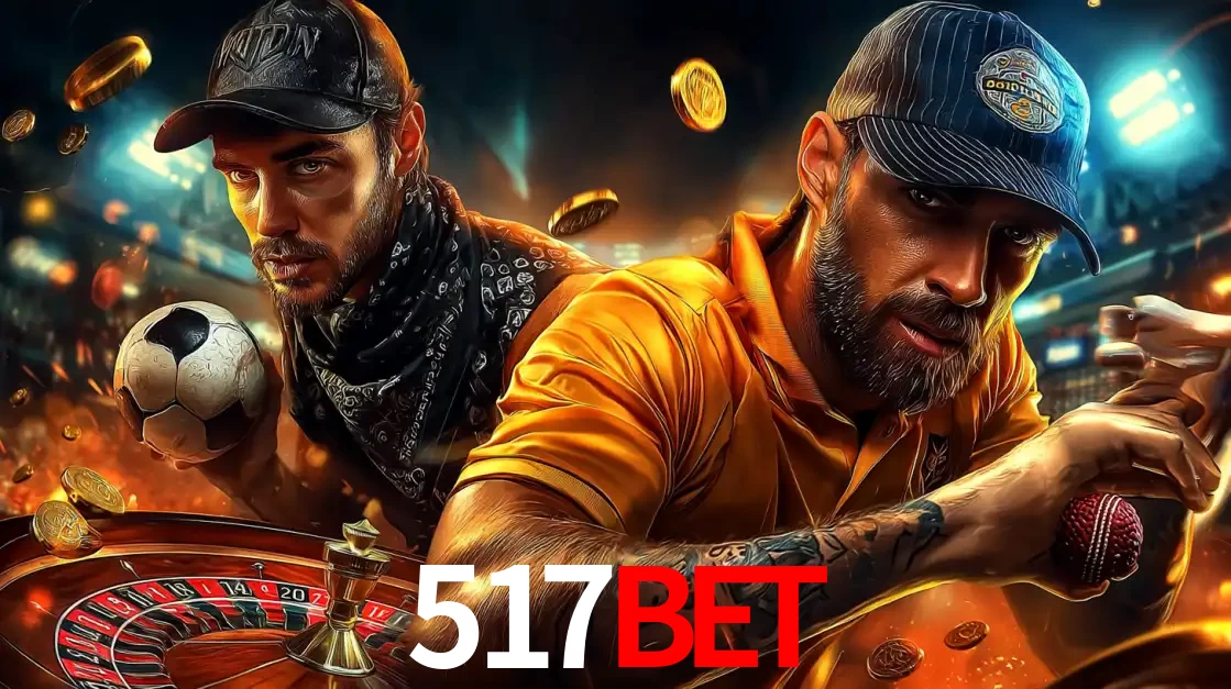 Montagem de apostas esportivas e cassino no 517bet, com um homem segurando uma bola de futebol e outro uma de beisebol sobre uma roleta e moedas voadoras.
