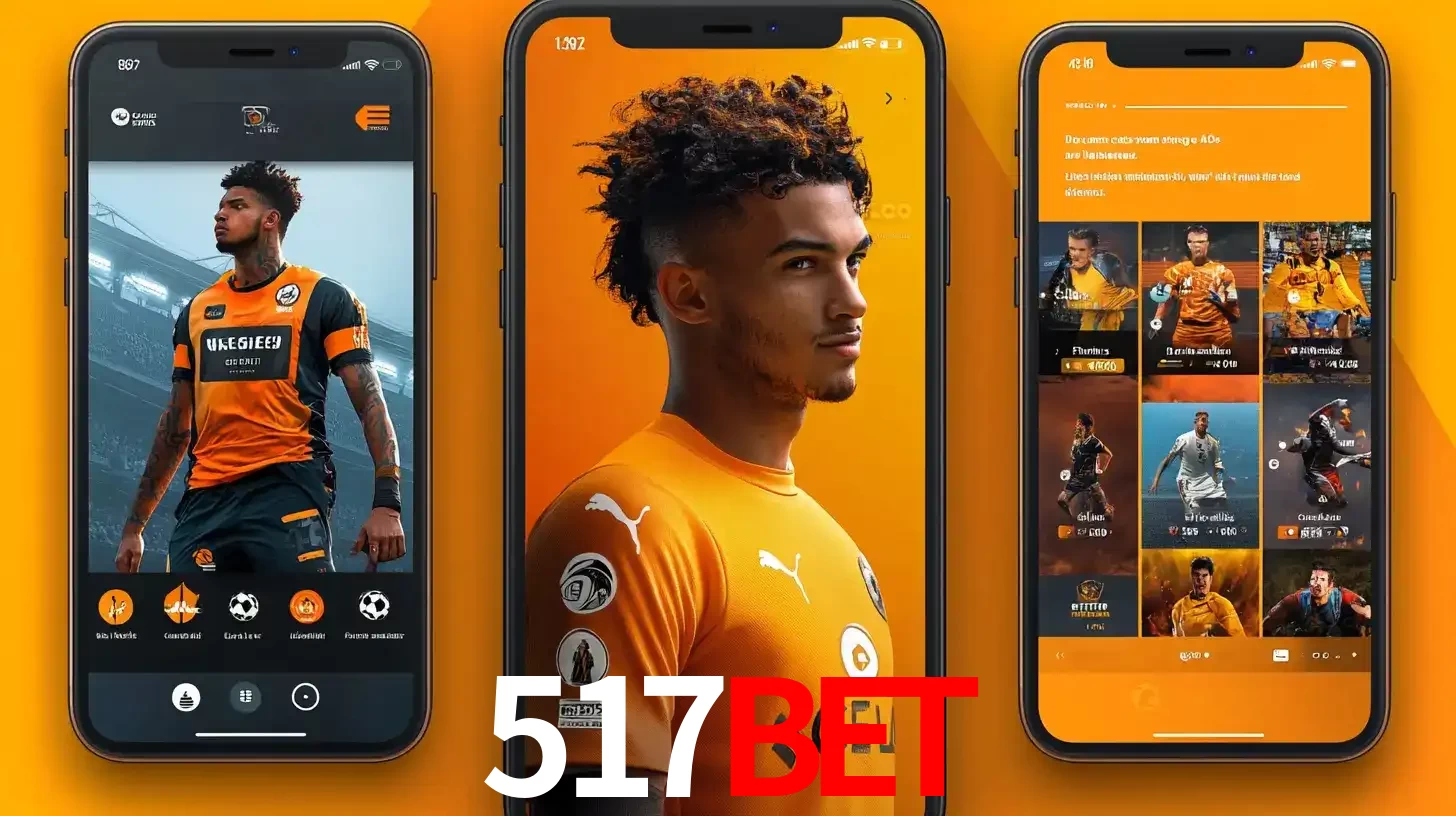 Interface do aplicativo de apostas esportivas 517bet em três telas de celular, mostrando o perfil de um jogador de futebol e a lista de jogos disponíveis para apostar.