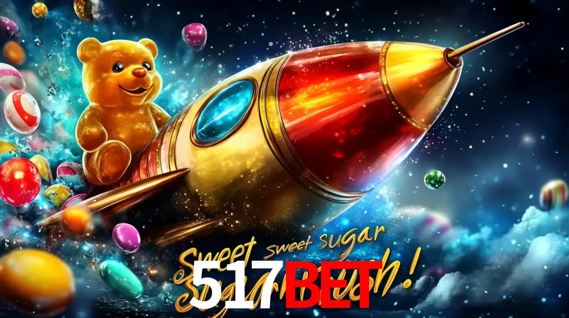 Arte promocional do jogo de slot Sugar Rush, com um urso de pelúcia em um foguete viajando pelo espaço de doces, um dos jogos divertidos disponíveis no cassino 517bet.